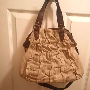 Hard to find, Mona brown ruffled Hemptress handbag in taupe w hemp silk lining